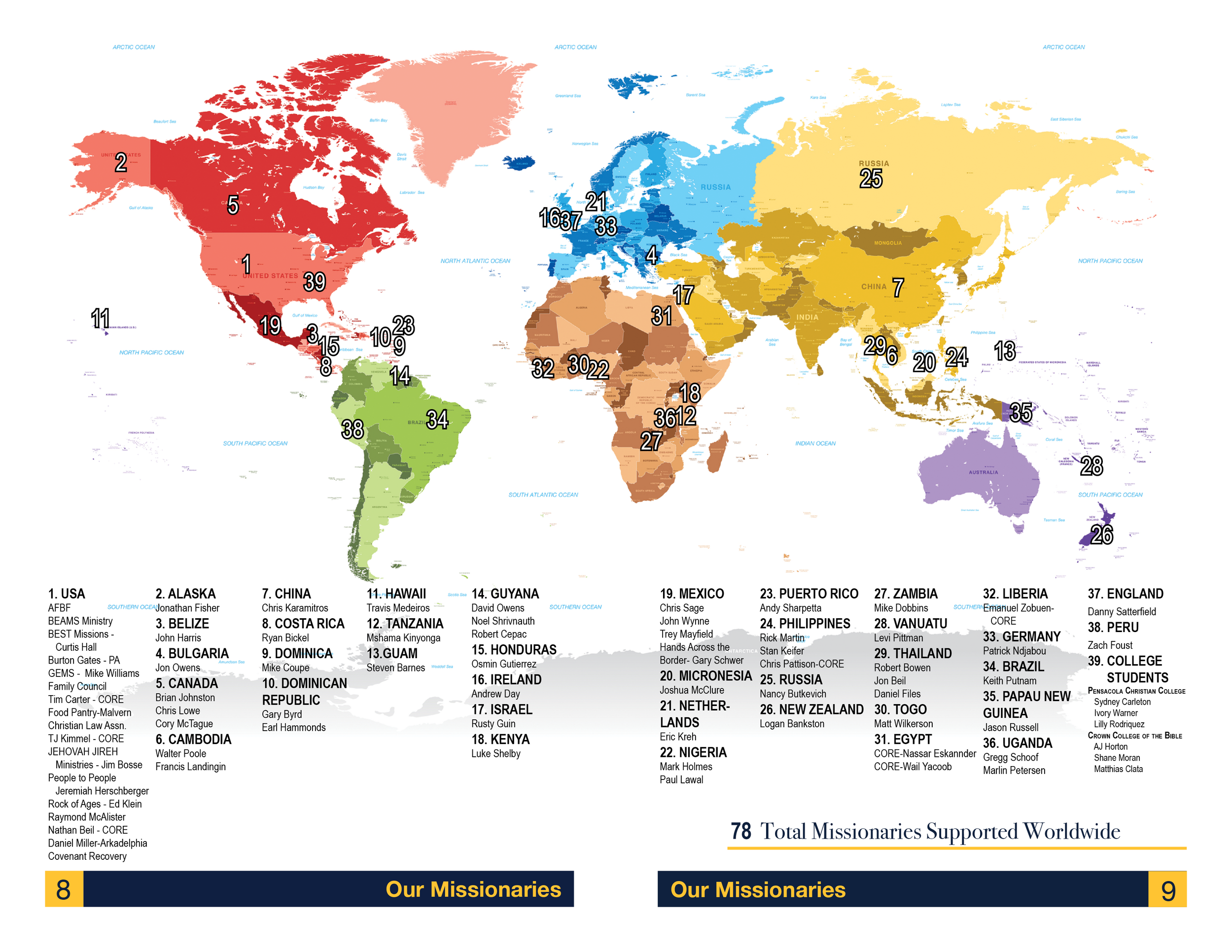 World map showing the countries and 78 missionaries supported by Gospel Light Baptist Church